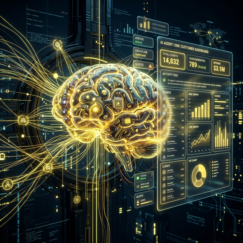 AI Agent glowing brain connected to CRM